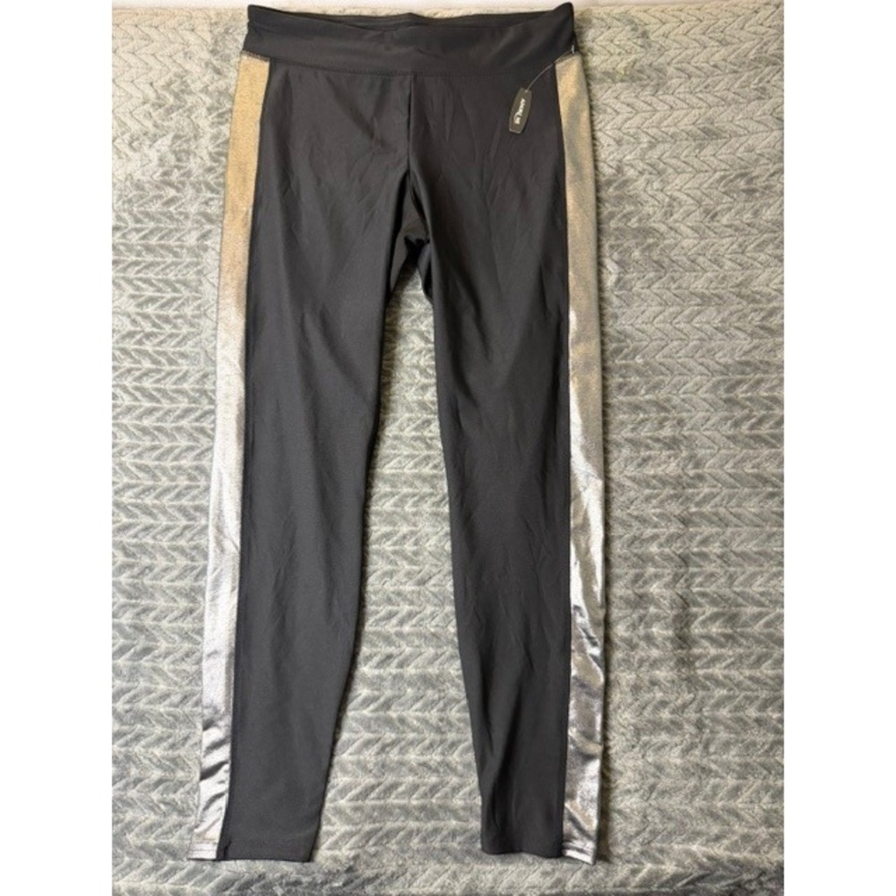 Adore Me NWT Womens Black Leggings Metallic Silver Gold Side Stripe Large 0105